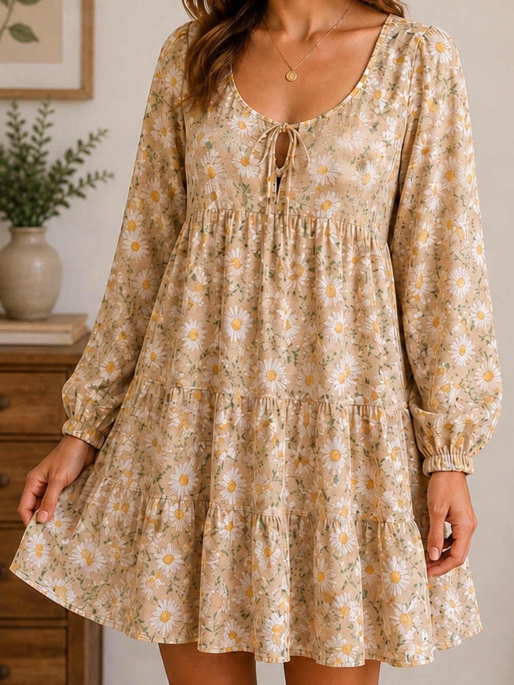 Arizona Jean Co Women’s Floral Cottagecore Daisy Tie Front Tiered Dress Size XL